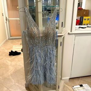 Light blue and silver with sparkles and feathers backless dress gorgeous